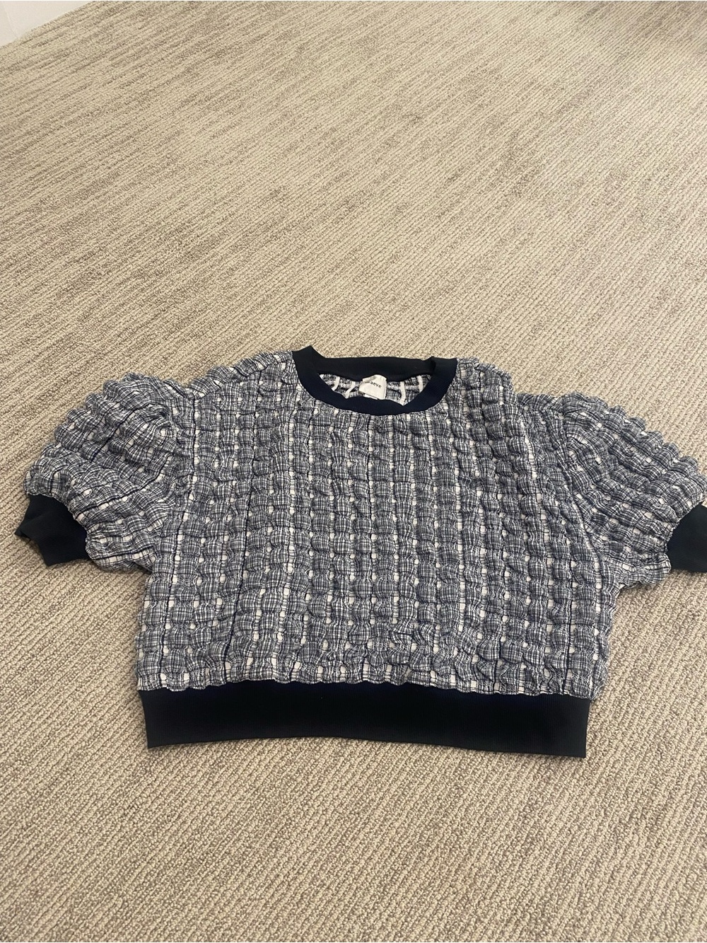 Maeve - Anthropologie Women’s Navy Blue Textured Puff-Sleeve Top
